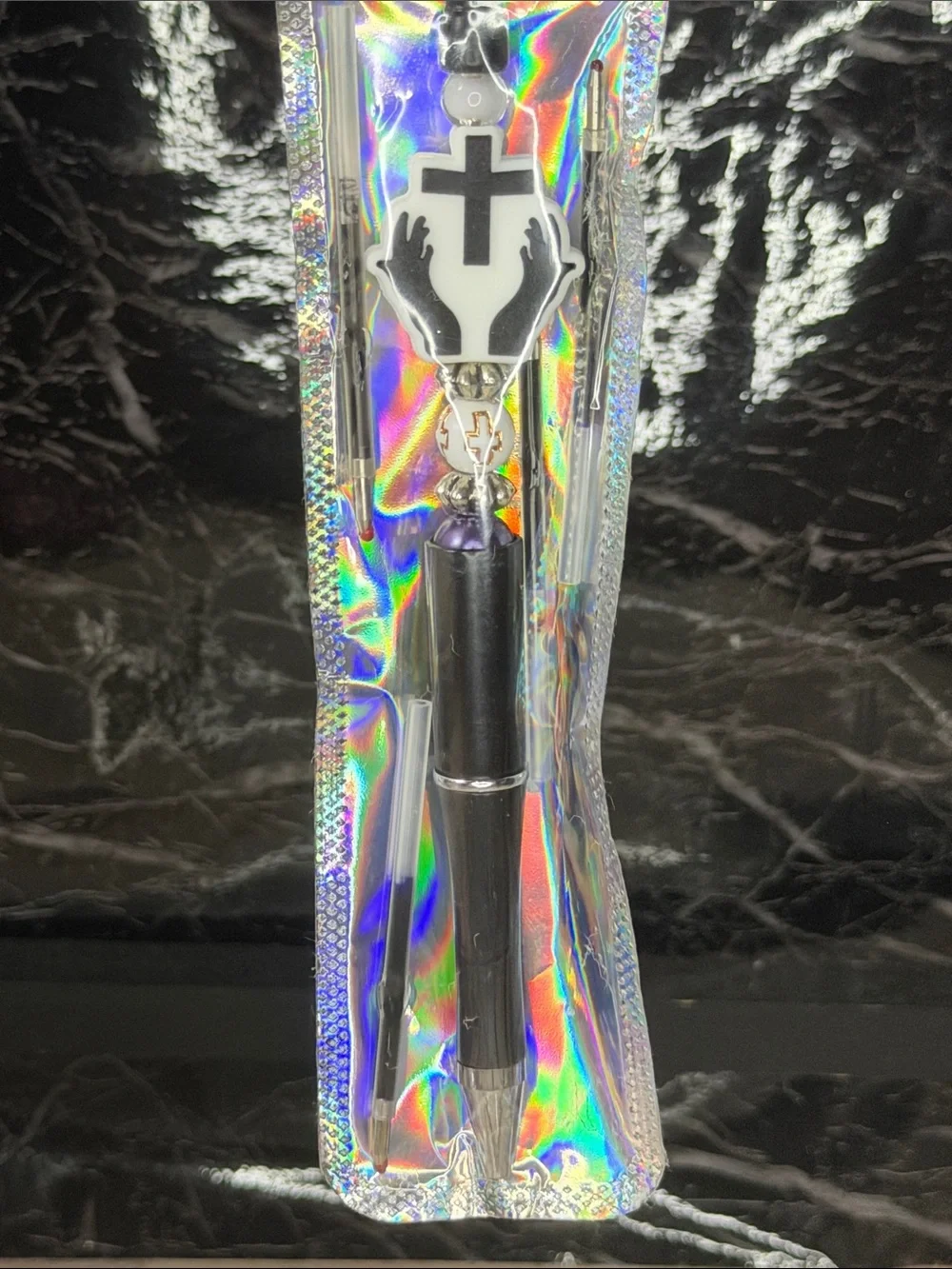 Black Cross Focal Bead Pen  Black and Blue Ink